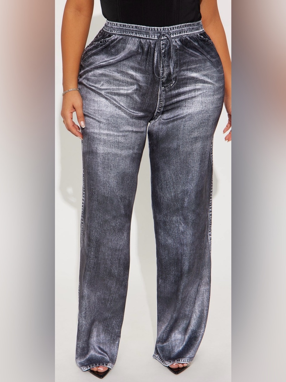 Out the mix denim print satin pants